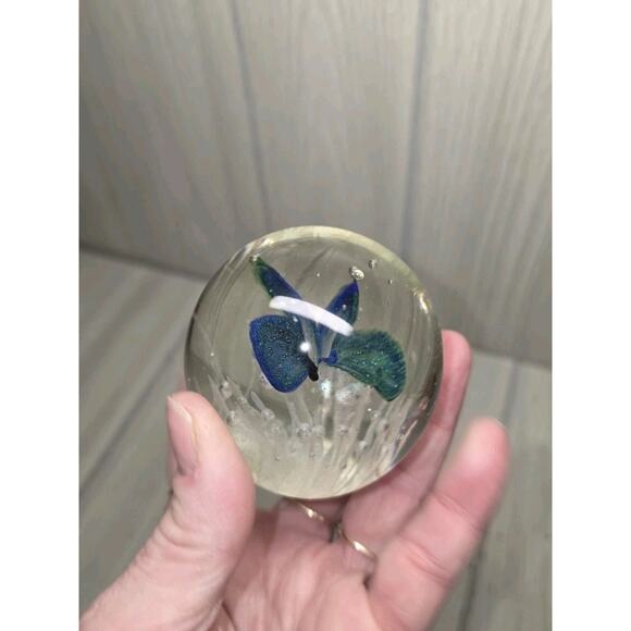 Vintage Glass Paperweight w/ Green & Blue Butterfly 2 1/2" Art Glass Beautiful - Picture 2 of 13